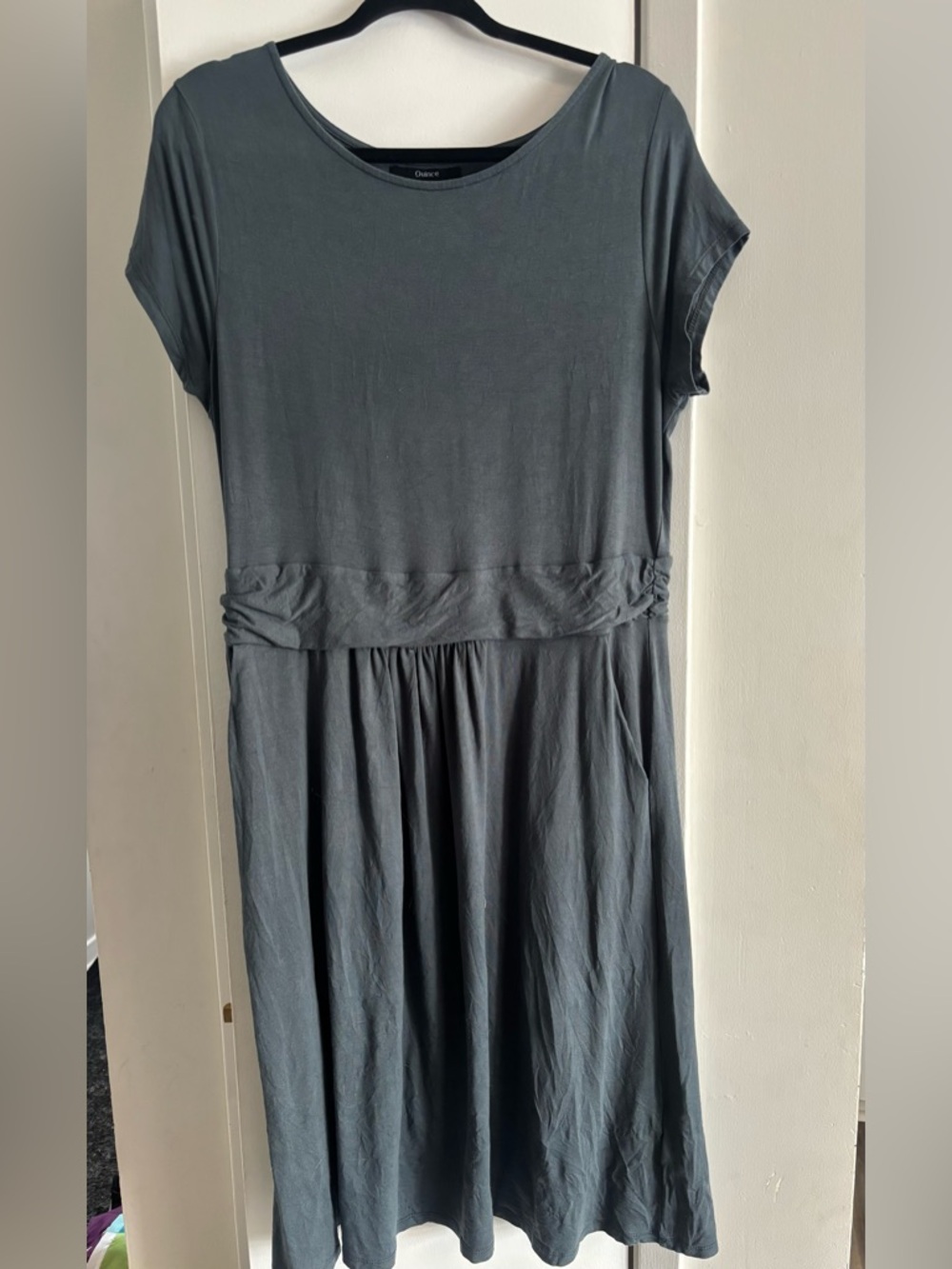 Quince dark olive ruched waist jersey dress with pockets size XL